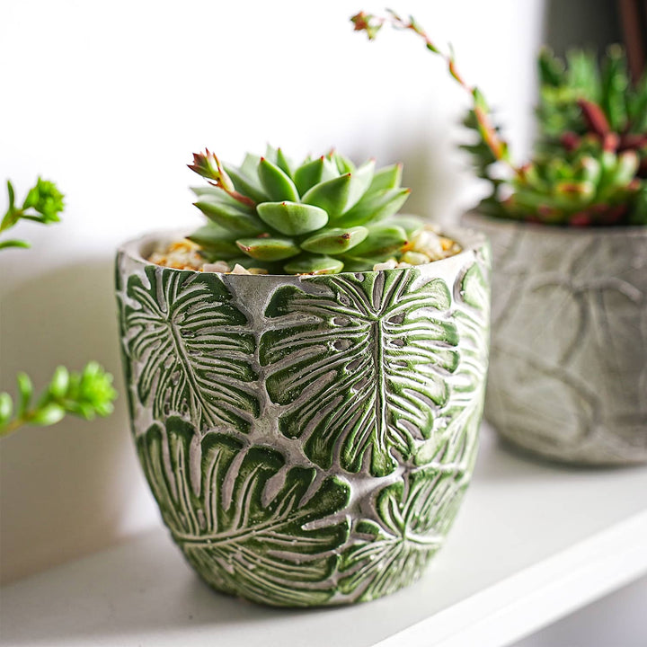 Embossed Green Monstera Leaves Planter Pot